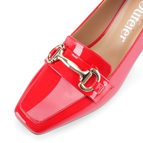 Image of Womens Mid Block Chunky Heeled Loafers Closed Square Toe Patent Leather Comfortable Slip On Pumps Metal Chain Basic Classic Casual Work Office Dress Shoes 2.8 Inches Heels