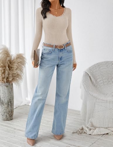 ZESICA Women's Long Sleeve Lace V Neck Shirts 2025 Fall Fashion Slim Fit Tops Ribbed Knit Dressy Business Casual Blouses2