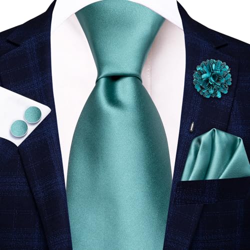 Image of Hi-Tie Solid Teal Green Ties for Men Silk Woven Necktie and Lapel Pin Pocket Square Cufflinks Sets Formal Business Wedding