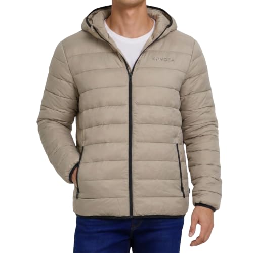 Image of Spyder Puffer Jacket Men - Packable Lightweight Quilted Hooded Winter Coat | Soft-touch insulation, packs into inner zip pocket, reversed coil zipper, zippered hand pockets