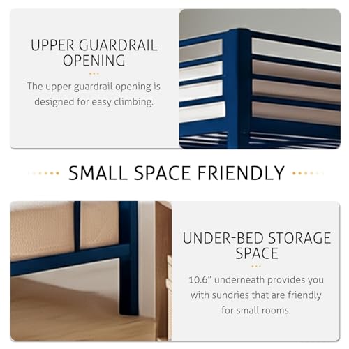 Image of Metal Bunk Bed for Adults and Kids, Sturdy Steel Frame with Guard Rails (3 X 6 Ft) | Blue Finish | Space Saving Design | DIY Assembly for Home and Bedroom