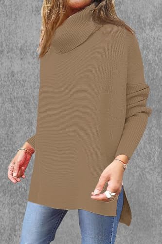 OU MgCE FAST FASHION Batwing Coffee Sweater Womens Oversized Fall Maternity Sweaters Turtleneck Oversized Top Long Sleeve Split Hem Cute Solid Color Winter Tunic Pullover Knit Tops XL — view 3
