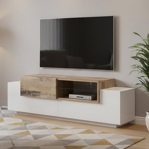 Dmora - Meuble TV Pablo, Buffet bas de salon, Base pour meuble TV, 100% Made in Italy, 160x45h51 cm, Blanc brillant et Érable