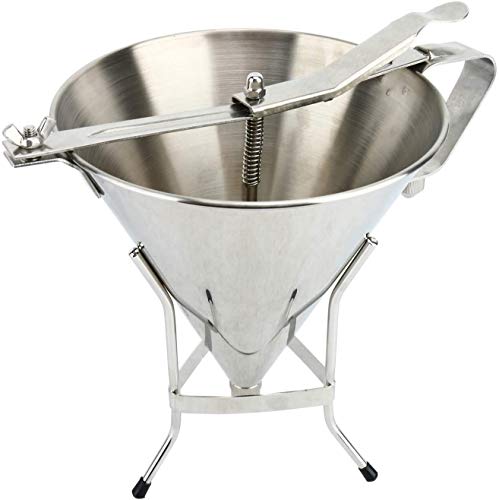 YaeGarden Confectionery Funnel Stainless Funnel Stainless Cake Funnel Cake Decorating Tool Funnel with Stand and Three Nozzles Commercial Quality Tool, 7.48 Inch diameter and stands 9.84 Inch tall