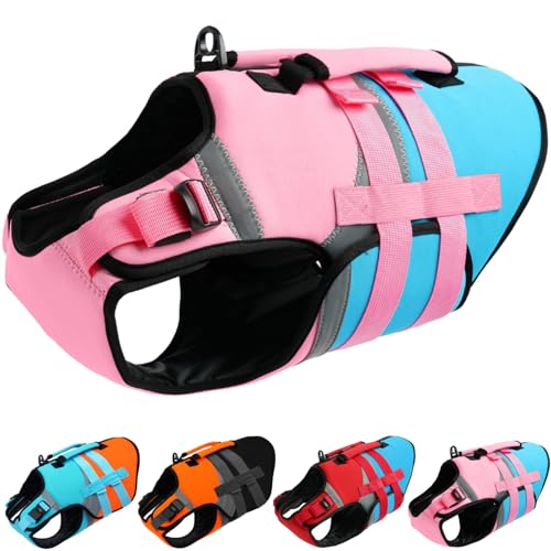 Kuoser Dog Life Jacket with Rescue Handle, High Flotation Dogs Swim Vest with Reflective Strips,Adjustable Dog Life Vest for Swimming, Boating, Pool&B