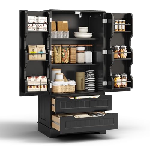 Blishom Küchenschrank, Küchenvorratsschrank mit Doppeltür, Freistehender Küchenschrank hoch, Buffetschrank für Küche, Esszimmer, Wohnzimmer, 60x40x120 cm, Dunkelbraun