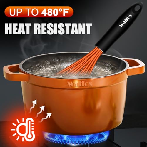 Walfos Whisk, Silicone Whisks Set of 5, Mini Stainless Steel Whisk 7+5in and Non Scratch Coated 7+9+11in Whisks, Suitable for Blending, Whisking, Beating, Frothing & Stirring. (Orange)