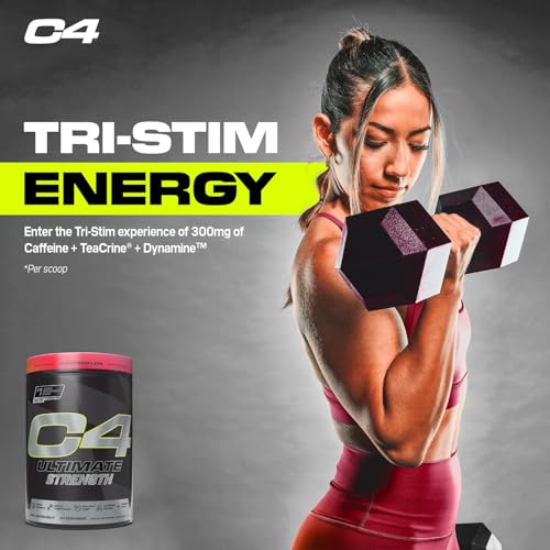 Image of Cellucor C4 Ultimate Strength Pre Workout Powder - Tri-Stim Experience 300mg Caffeine+TeaCrine+Dynamine - Creatine & Beta-Alanine - Energy Supplement for Men & Women - Watermelon, 20 Servings