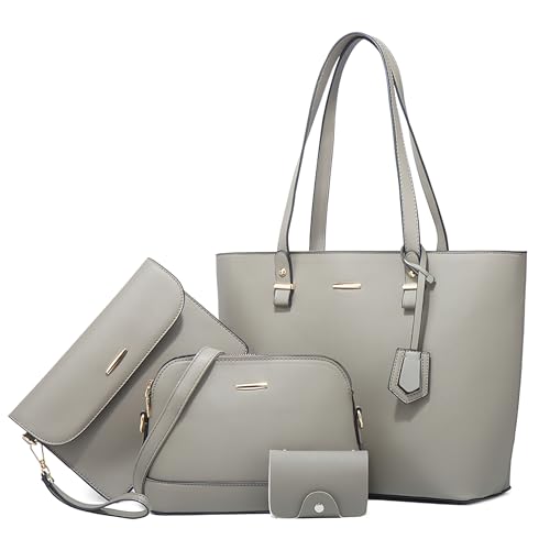 Moda Set Borsa a Mano Donna 4 Pezzi Elegante Bauletto Pratica Manico Superiore Leggero per Vacanze Lavoro Viaggio Festa Impermeabile PU Pelle Grigio