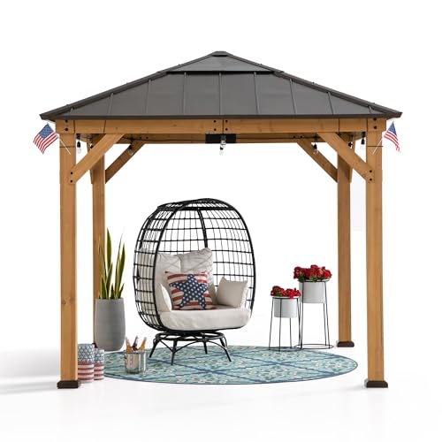 Sunjoy-Hardtop-Gazebo-9-x-9-ft-Cedar-Framed-Wood-Gazebo-with-Brown-Steel-Polycarbonate-Pyramid-Hip-Roof-and-Ceiling-Hook-for-Garden-Backyard-Shade-Brown-Roof-Natural-Wood-Frame Sunjoy Hardtop Gazebo 9 x 9 ft Cedar Framed Wood Gazebo with Brown Steel Polycarbonate Pyramid Hip Roof and Ceiling Hook for Garden Backyard Shade Brown Roof Natural Wood Frame