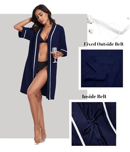 Image of ANLIQI Womens 100% Cotton Robes Lightweight Summer Short Sleeve Lady Bathrobe Knee Length Kimono Robe Sleepwear with Pockets