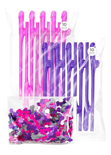 20 Pcs Bachelorette Party Straws and Confetti Pack, Fun Hen Party Drinking Straws, Naughty Novelty Crazy Straws for Bridal Shower, Bride Tribe Party Supplies
