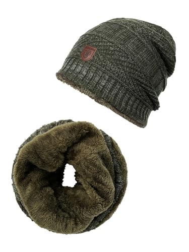 Indicode Unisex Siracusa Winter-Set Mütze & Schal | Strick Wintermütze Winterschal Army, One Size