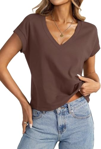 Onsoyours Crop Tops Damen Sommer Cap Sleeve Tshirt Casual Einfarbig V-Ausschnitt Oberteil A Braun M