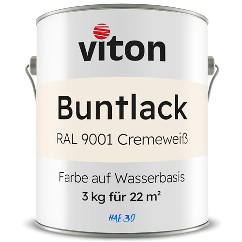 Viton Buntlack 3 Kg Weiss - Seidenmatt - Wetterfest für Außen und Innen - 3in1 Grundierung & Lack - HAE 30 - Nachhaltige Farbe auf Wasserbasis für Holz, Metall & Stein - RAL 9001 Cremeweiss