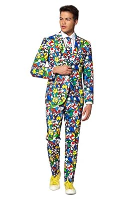 OppoSuits Traje de baile Crazy para hombre, Super Mario, viene con chaqueta, pantalones y corbata en diseños divertidos, 42, Super Mario, 54 | Ya disponible en tu tienda friki favorita! En mundofriki.es!