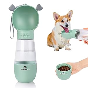 Philorn Dog Water Bottle for On the Go 350 ml Dog Drinking Bottle, Portable Dog Drinking Bottle, Cat Pet Water Bottle with 200 ml Dog Food Cup for Hiking Travel, BPA-Free, 100% Leak-Proof