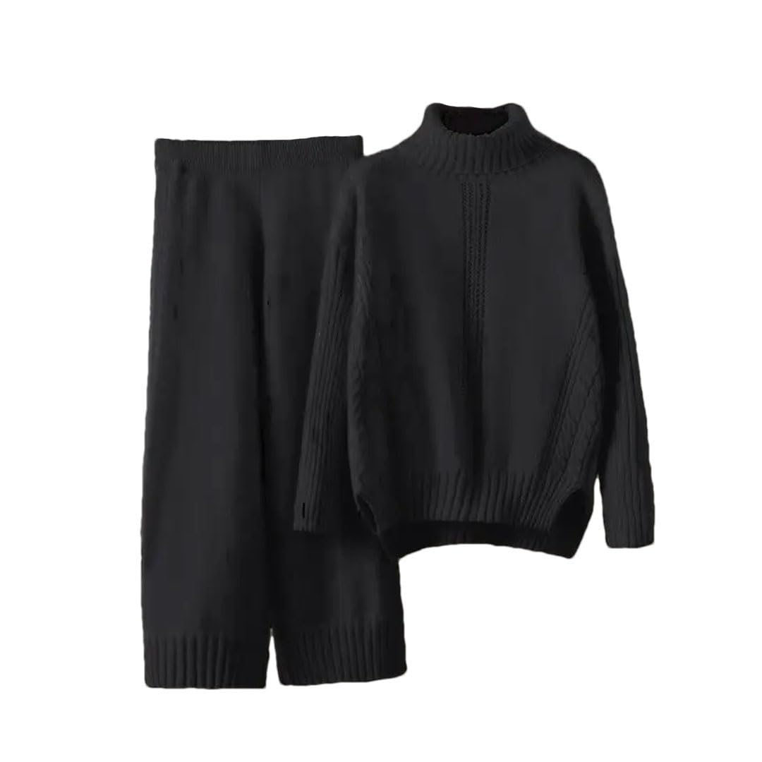 Tuta da donna lavorata a maglia, maglione a collo alto spesso, set da 2 pezzi, con coulisse, pantaloni harem