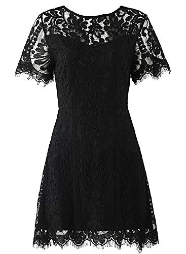 MSLG Women's Elegant Round Neck V-Back Wedding Guest Floral Lace Cocktail Party A Line Dress 910 (Black, S) - Thumbnail 3