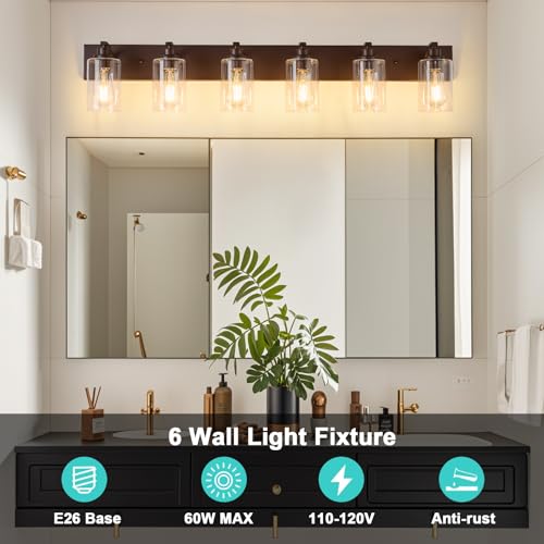 Image of 6-Light Bathroom Light Fixtures Modern ORB Vanity Lights | Easy to Install Clear Glass Shades, Wall Mount Up or Down, E26 Socket, Hardwired, 124V