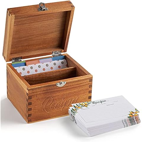 Tidita Acacia Wood Small Recipe Box with 100 Cards 4x6, 8 Dividers - Wooden Recipe Box Set Double Compartment Organizer Keeper with Thick Card Stock - Cards Holder Stand Recipes for Kitchen Counter Cover