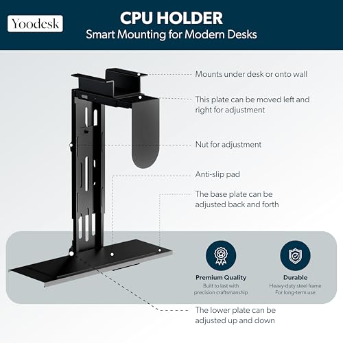 Image of Under Desk CPU Holder Mount, Heavy-Duty Steel Frame, 10kg Capacity, Adjustable Computer Tower Stand with Anti-Slip Pad, Tool-Free Installation, Black