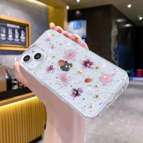 Coque iPhone 13 Mini à paillettes et fleurs séchées