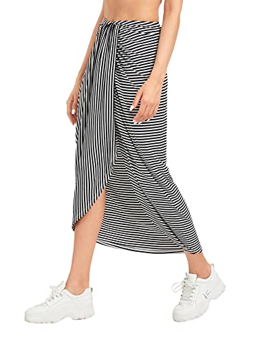 Shein Women's Casual Slit Wrap Asymmetrical Elastic High Waist Maxi Draped Skirt Black And White Striped Small #TOP3