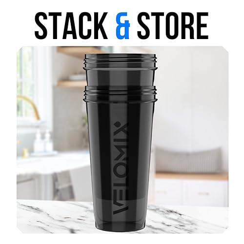 Image of VELOMIX 24 oz Stainless Steel Shaker Bottle with Wire Whisk - Leakproof, No Clumps, Odor Resistant Metal Shaker Bottle, Shaker Cups for Protein Shakes, Pre Workout and Smoothie (Dual Black)