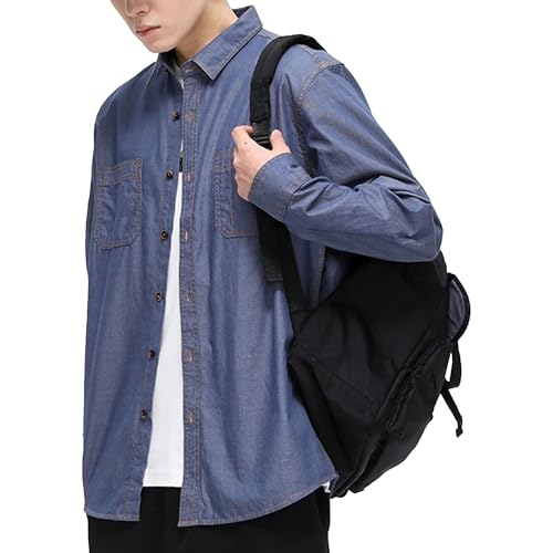 Men Casual Button Lapel Denim Shirt Young Handsome Single Breasted Jean Shirt Fall Classic Comfy Faux Denim Shirts