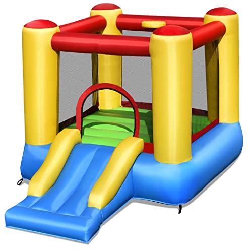 COSTWAY Kids Bouncy Castle, Inflatable Bounce House with Slide, Basketball Hoop, Carrying Bag and...
