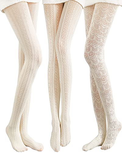 JaGely 3 Pairs 1/2/3 Pair White Lace Tights for Women White Fishnet Hollow out Knitted Tights Lolita Stockings Lace Strips Pantyhose (Classic Style,90g)