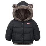 Baby Boys Girls Winter Coat Cute Bear Ear Hooded Jacket Warm Fleece Outerwear Windproof Zipper Infant Toddler Black 12-18M