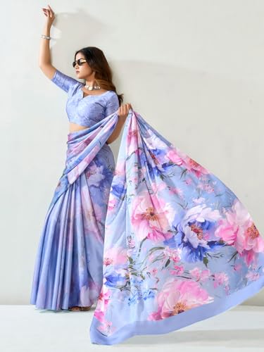 Image of Satrani Women's Satin Digital Printed Saree with Unstitched Blouse Piece