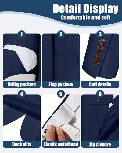 2 Pieces Linen Mens Suit, Summer Wedding Suits for Men Formal Slim Fit Tuxedo Light Weight Blazer Pant Suit Set for Men4