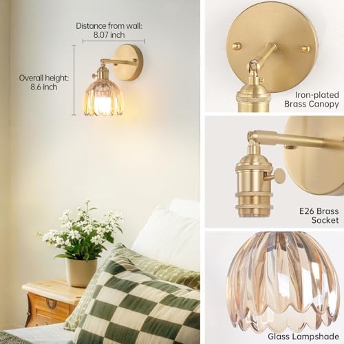 Shenmoyl Vintage Battery Operated Wall Sconces Set of 2 with Amber Tulip Glass Lampshade Wireless Rechargeable Battery Powered Wall Light Decor with Remote Control for Living Room Bedroom — view 7