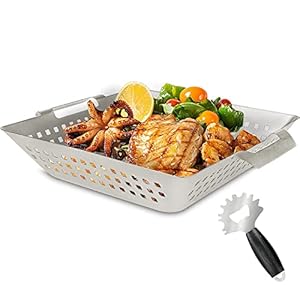 GFTIME 34,5 x 27,9 cm, grillmand van 304 roestvrij staal, grill-accessoires, grillschaal voor houtskool, wok, grill-pan, grillrooster, groenteschaal, groentemand, aardappelmand