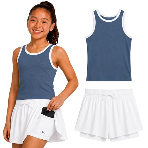 Image of Reebok Girls 2-Piece Short Set - Sleeveless Tank Top & Butterfly Shorts | Soft Cotton Feel, Stretchy Elastic Waist, Flowy Athletic Fit for Gym, Play & Everyday Wear