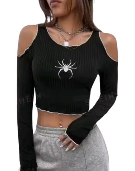Trendy Style Collections Spider Theam-Printed Open Shoulder Crop Top for Girls and Women | Polyester Fabric | Color Black Size M-picture-31