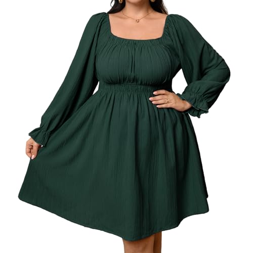 Plus Size Mini Dress for Curvy Women Long Sleeve Square Neck Elastic Waist A Line Textured Casual Short Fall Dresses