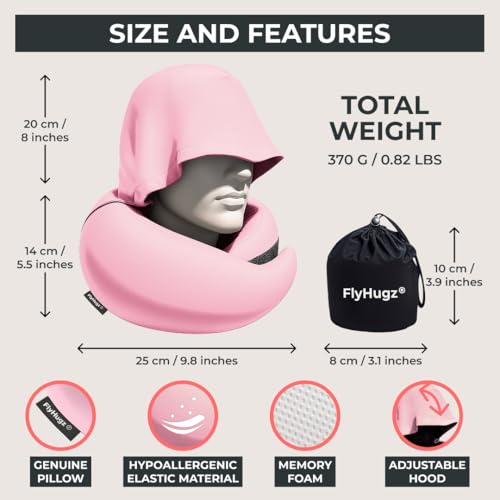 Image of FlyHugz 2.0 Hooded Travel Pillow - 2026 Original Release - Memory Foam Neck Pillow with Adjustable Hood & Premium Elastic Washable Cover - First Class Comfort for Flights, Road Trips & Sleep- Pink