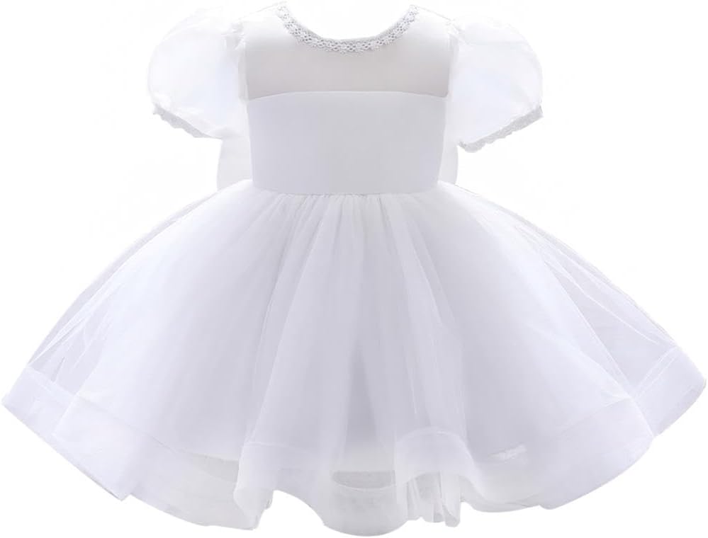 Lito Angels Baby Toddler Girls White Baptism Christening Dress, Wedding Flower Girl Puffy Tulle Ball Gown for Pageant Party