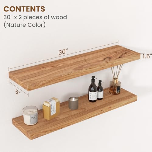 Image of Floating Shelves for Wall Decor, 8 inch Deep Rustic Solid Elm Wood Floating Shelves Wall Mounted, Wall Shelves with Invisible Bracket for Living Room Bathroom Bedroom Kitchen, 30 Inch Set of 2, Natural