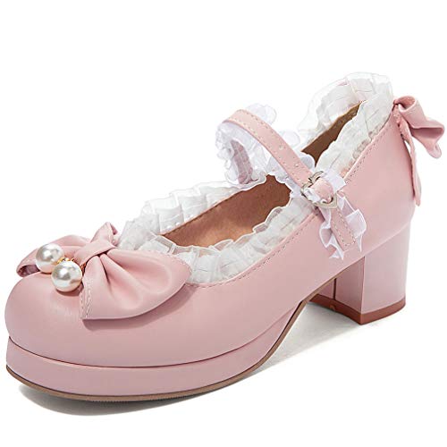 Image of LUXMAX Women Kawaii Mid Block Heel Mary Jane Rockabilly Pumps with Bow Platform Chunky Heel Cute Sweet Shoes