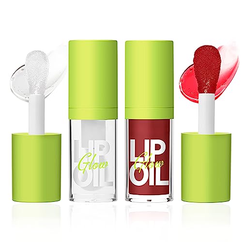 2 Colors Hydrating Lip Oil, Nourishing Tinted Lip Oil Gloss Makeup Set, Non-Sticky Long Lasting Formula Smooth Glossy Big Brush Head Lip Plumper Oil Shiny And Vegan Lip Care (#01 + #05) #TOP23