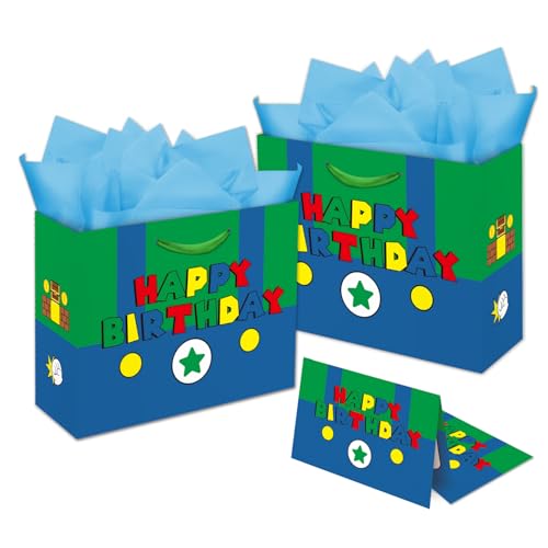 OUSHISS Super Bro Birthday Gift Bag 13 Large Super Brothers Theme Bag with Tissue Paper and Card for Kids Birthday Party Supplies (green)
