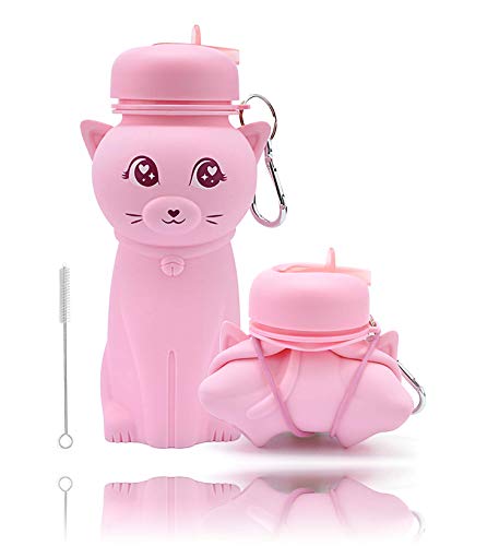 Botella de agua de silicona AToZ UK para niños  Botella de agua para niñas, sin BPA, enrollable, resistente a las caídas, botella de agua en forma de gato rosa, 500 ml