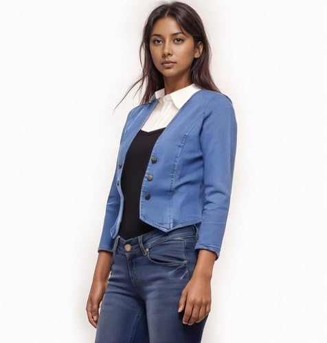Image of Women's Denim Jacket, Blue, Button Front, 3 /4 Sleeves, Cropped Length, Casual Blazer Style