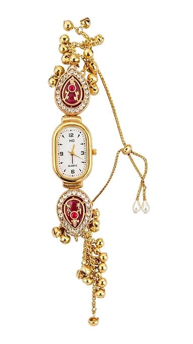 KamlaArt Antique Kashmiri Watch for Women, Gold-Plated Bracelet Watch for Women with Pink Stone & Ghungroo | Ethnic Analog Wrist Watch for Girl Bride Gift-picture-15