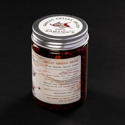 Image of RAMANO'S Garlic Chilli Crisp Oil 120 Gms, Infused with 5 Unique Chilly Blend, Made with Garlic & Sichuan Peppercorns, Glutan Free Garlic Chilli Dip for Pizza, Noodles, Ramen, Indian Curries & Dal